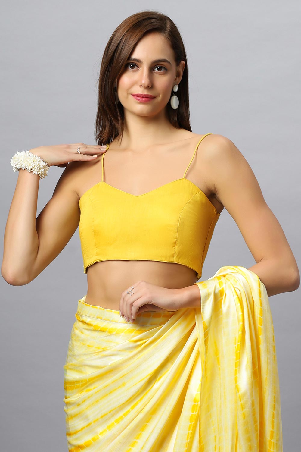 Buy Avril Dark Yellow Satin Silk Spaghetti Strap Blouse Online - One Minute Saree