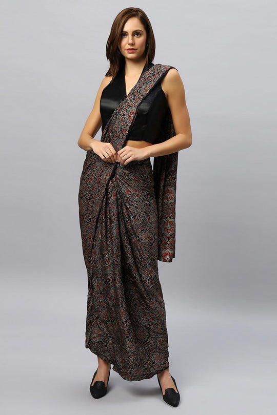 Buy Amara Modal Silk Hand-Printed Ajrakh Sarong Saree Online - One Minute Saree