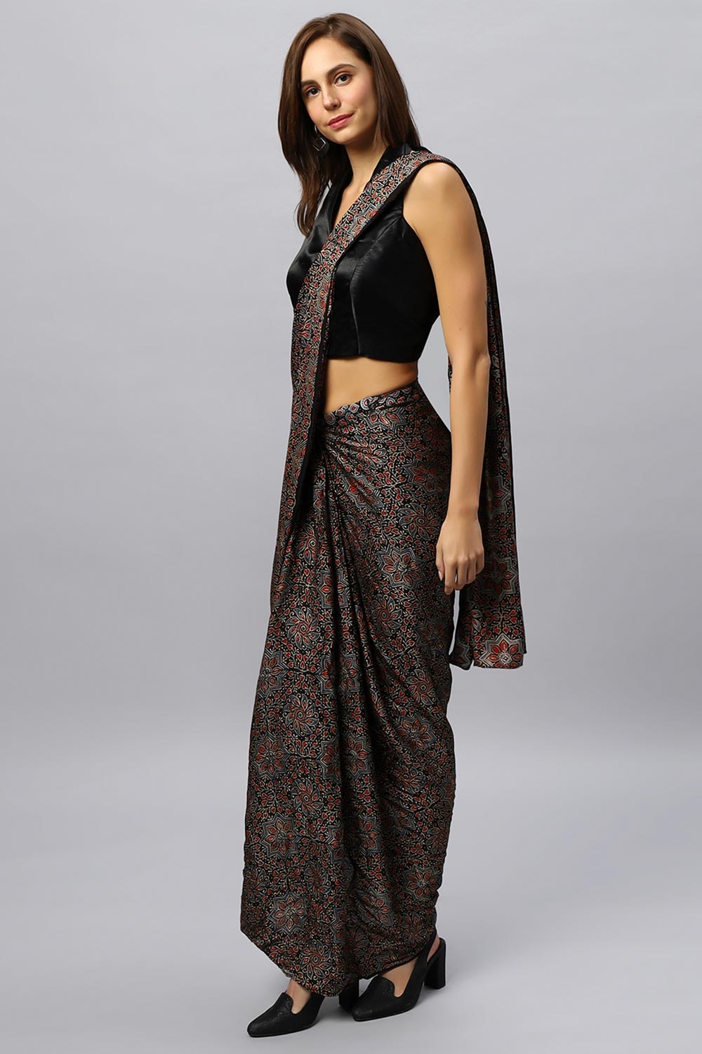 Buy Amara Modal Silk Hand-Printed Ajrakh Sarong Saree Online - Back