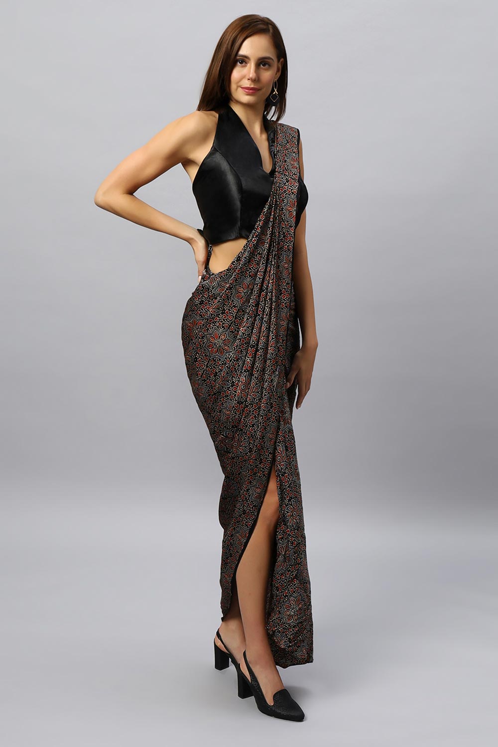 Buy Amara Modal Silk Hand-Printed Ajrakh Sarong Saree Online - Front