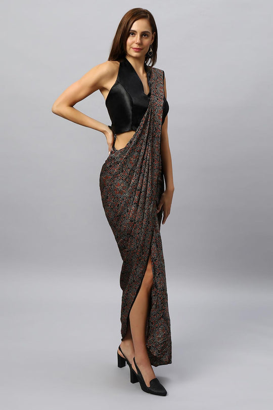 Buy Amara Modal Silk Hand-Printed Ajrakh Sarong Saree Online - Front