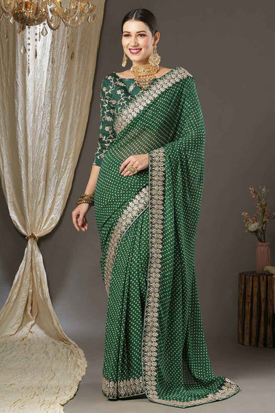 Buy Hillary Green Georgette Zari Embroidered Bandhani One Minute Saree Online - One Minute Saree