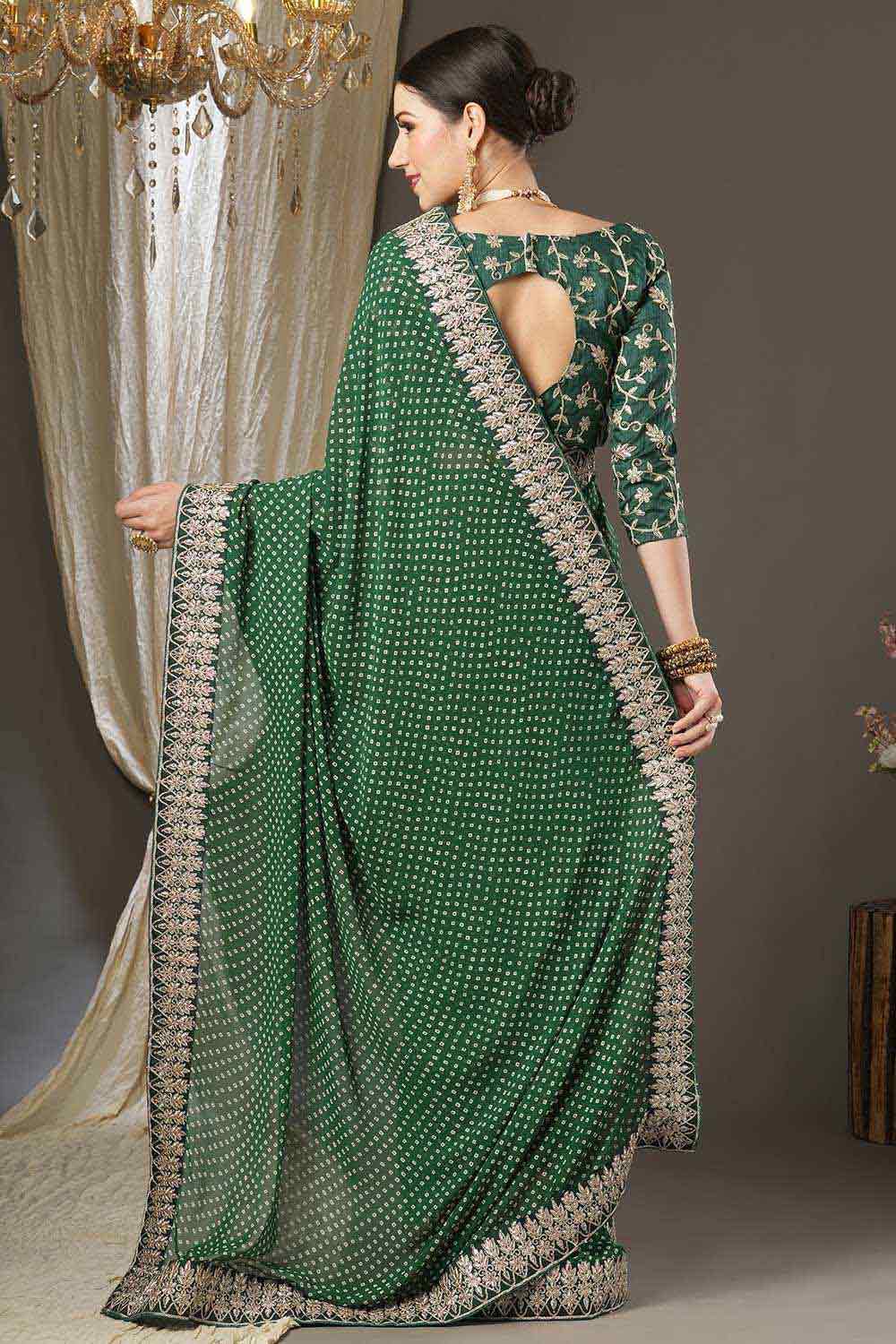 Shop Hillary Green Georgette Zari Embroidered Bandhani One Minute Saree at best offer at our  Store - One Minute Saree