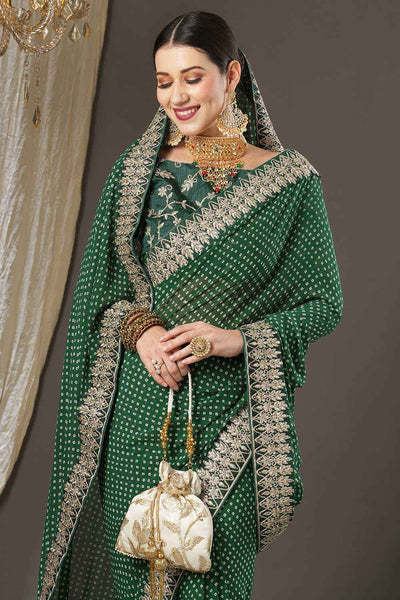 Buy Hillary Green Georgette Zari Embroidered Bandhani One Minute Saree Online - Front