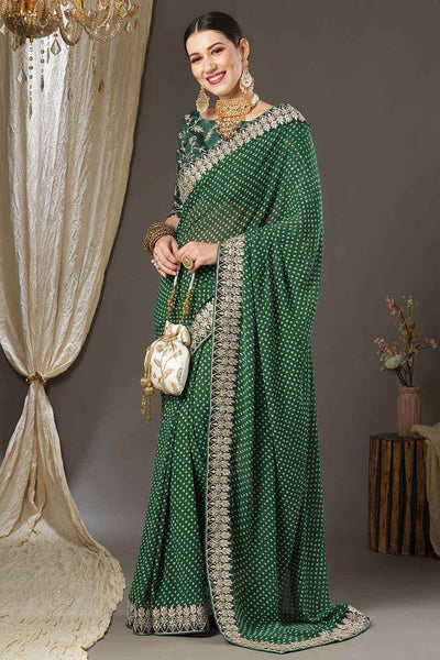 Buy Hillary Green Georgette Zari Embroidered Bandhani One Minute Saree Online - Side