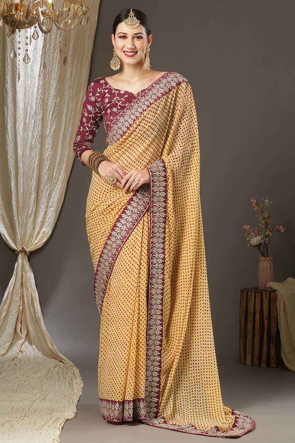 Buy Aisha Cream Georgette Zari Embroidered Bandhani One Minute Saree Online - One Minute Saree