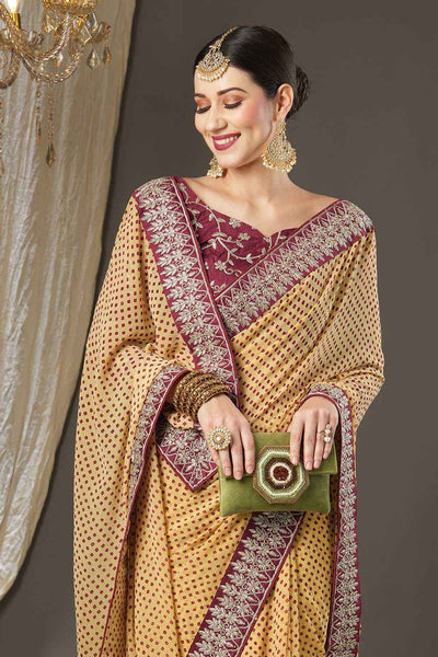 Buy Aisha Cream Georgette Zari Embroidered Bandhani One Minute Saree Online - Front