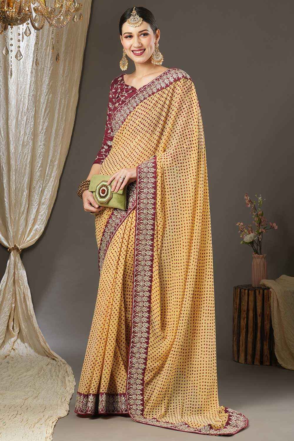 Buy Aisha Cream Georgette Zari Embroidered Bandhani One Minute Saree Online - Side
