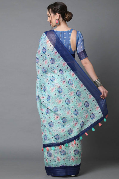 Shop Kathy Blue Floral Print Linen One Minute Saree at best offer at our  Store - One Minute Saree