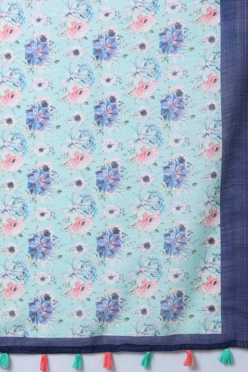 Buy Kathy Blue Floral Print Linen One Minute Saree Online - Front