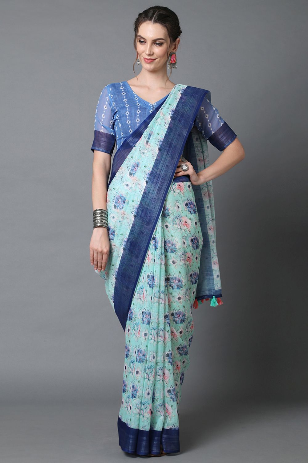 Buy Kathy Blue Floral Print Linen One Minute Saree Online - One Minute Saree