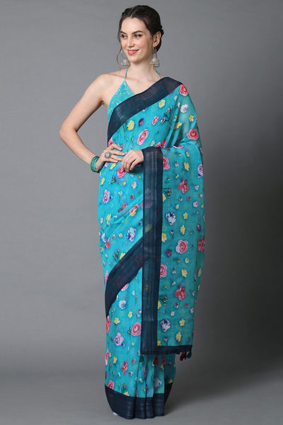 Buy Naomi Sky Blue Floral Print Linen One Minute Saree Online - One Minute Saree