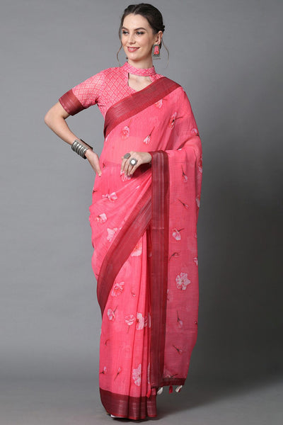 Buy Harshaa Pink Floral Print Linen One Minute Saree Online - One Minute Saree