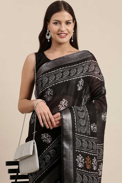 Buy Jaan Black Linen Abstract Print Bagh One Minute Saree Online - One Minute Saree