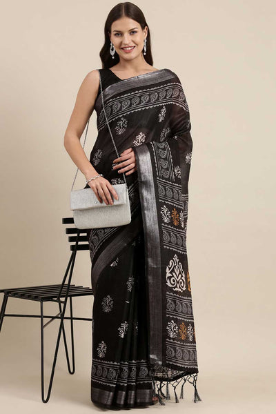 Buy Jaan Black Linen Abstract Print Bagh One Minute Saree Online