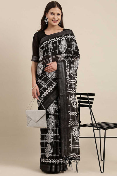 Buy Soni Black Linen Abstract Print Bagh One Minute Saree Online - One Minute Saree