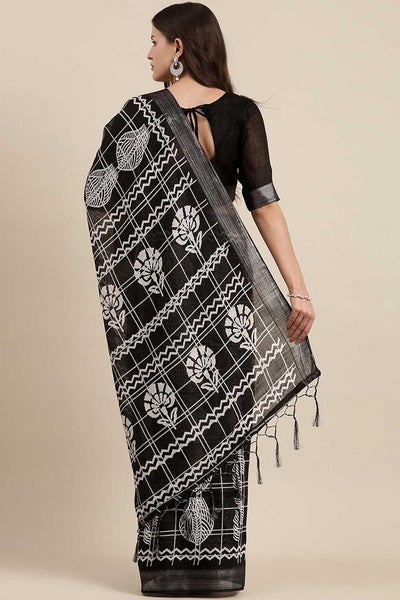 Shop Soni Black Linen Abstract Print Bagh One Minute Saree at best offer at our  Store - One Minute Saree