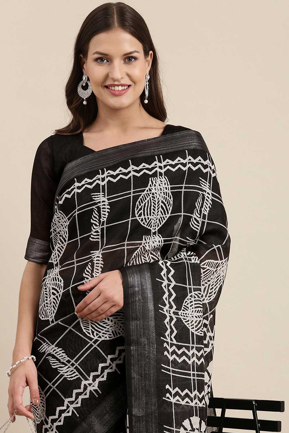 Buy Soni Black Linen Abstract Print Bagh One Minute Saree Online