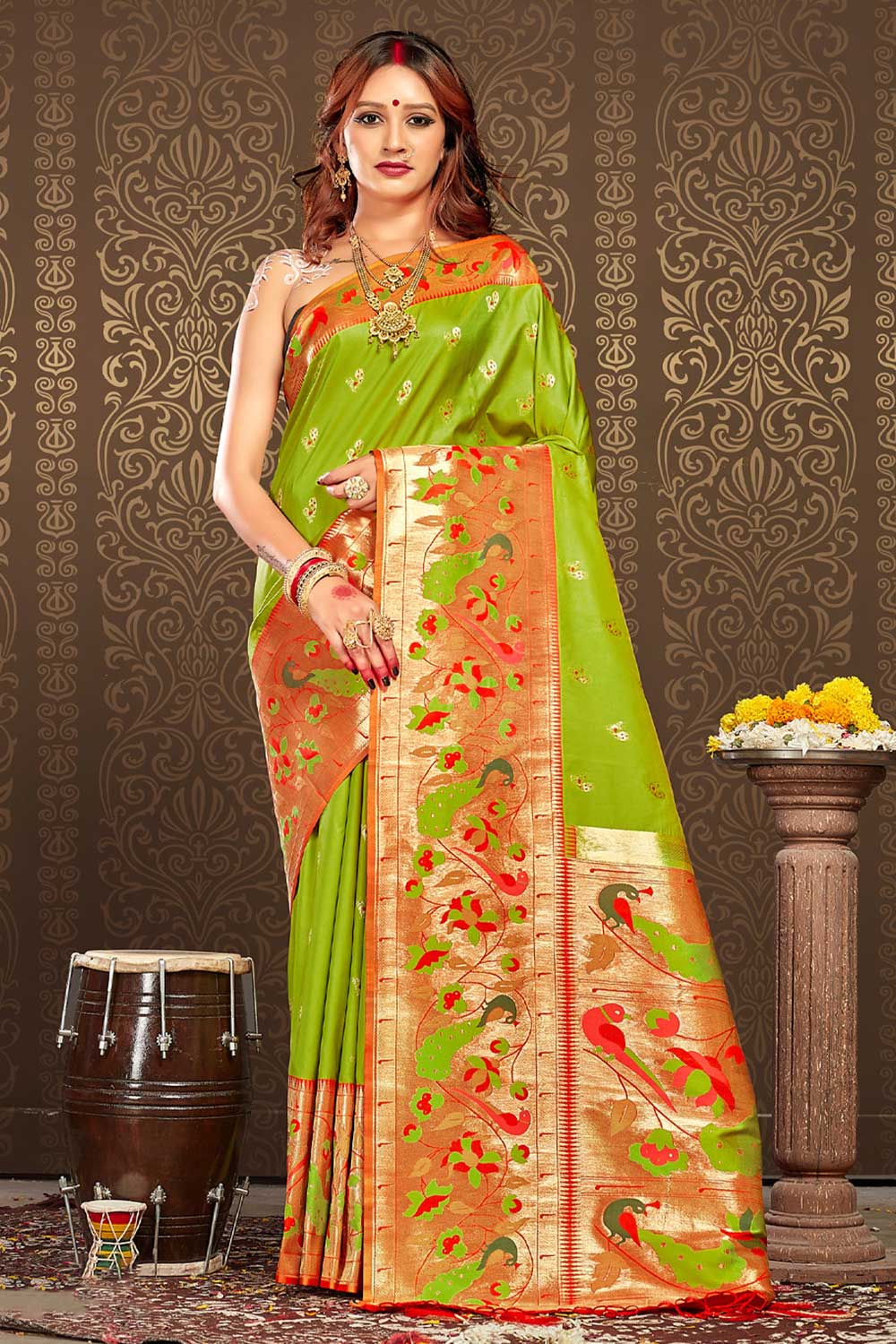 Shop Amaya Green Paithani Art Silk One Minute Saree at best offer at our  Store - One Minute Saree