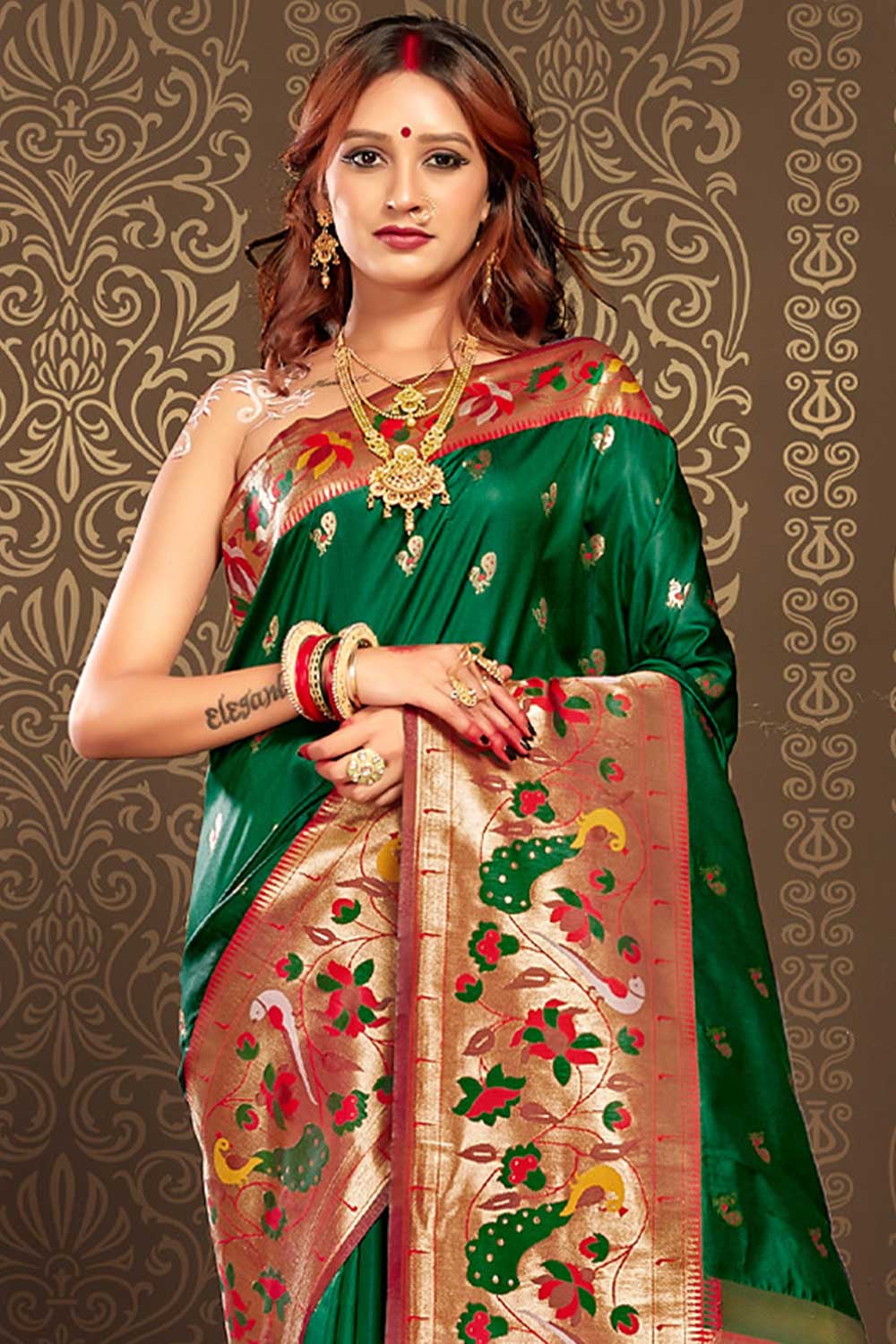 Buy Kaya Green Paithani Art Silk One Minute Saree Online - One Minute Saree