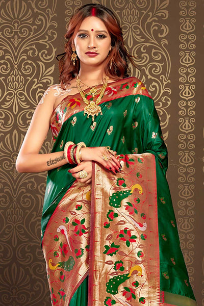 Buy Kaya Green Paithani Art Silk One Minute Saree Online - One Minute Saree