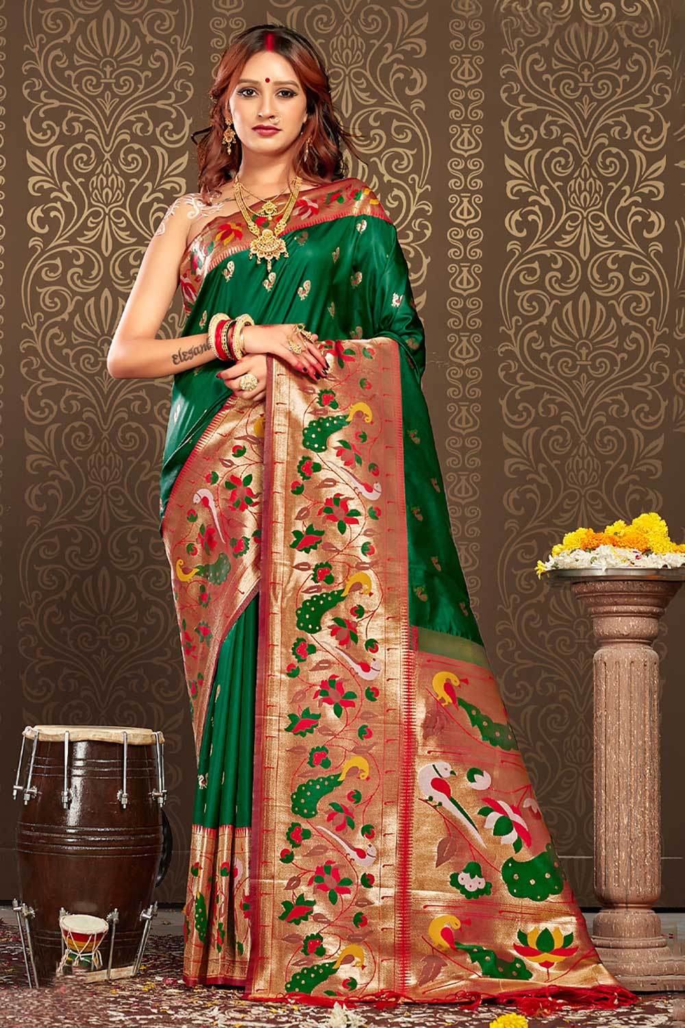 Shop Kaya Green Paithani Art Silk One Minute Saree at best offer at our  Store - One Minute Saree