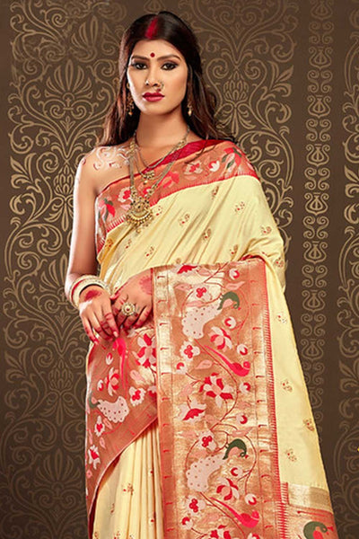 Buy Sweta Beige Paithani Art Silk One Minute Saree Online - One Minute Saree