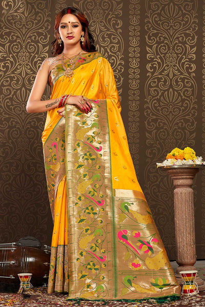 Shop Arnika Yellow Paithani Art Silk One Minute Saree at best offer at our  Store - One Minute Saree