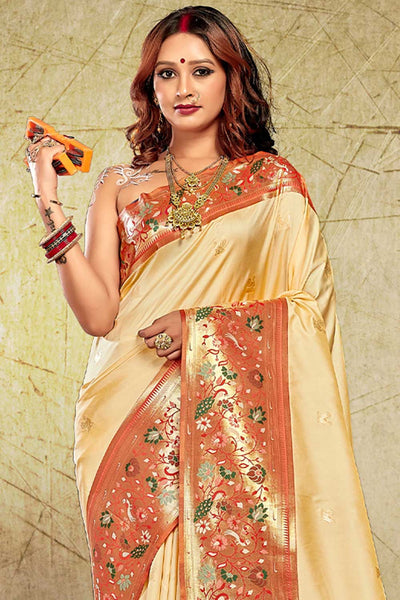 Buy Neha Beige Paithani Art Silk One Minute Saree Online - One Minute Saree