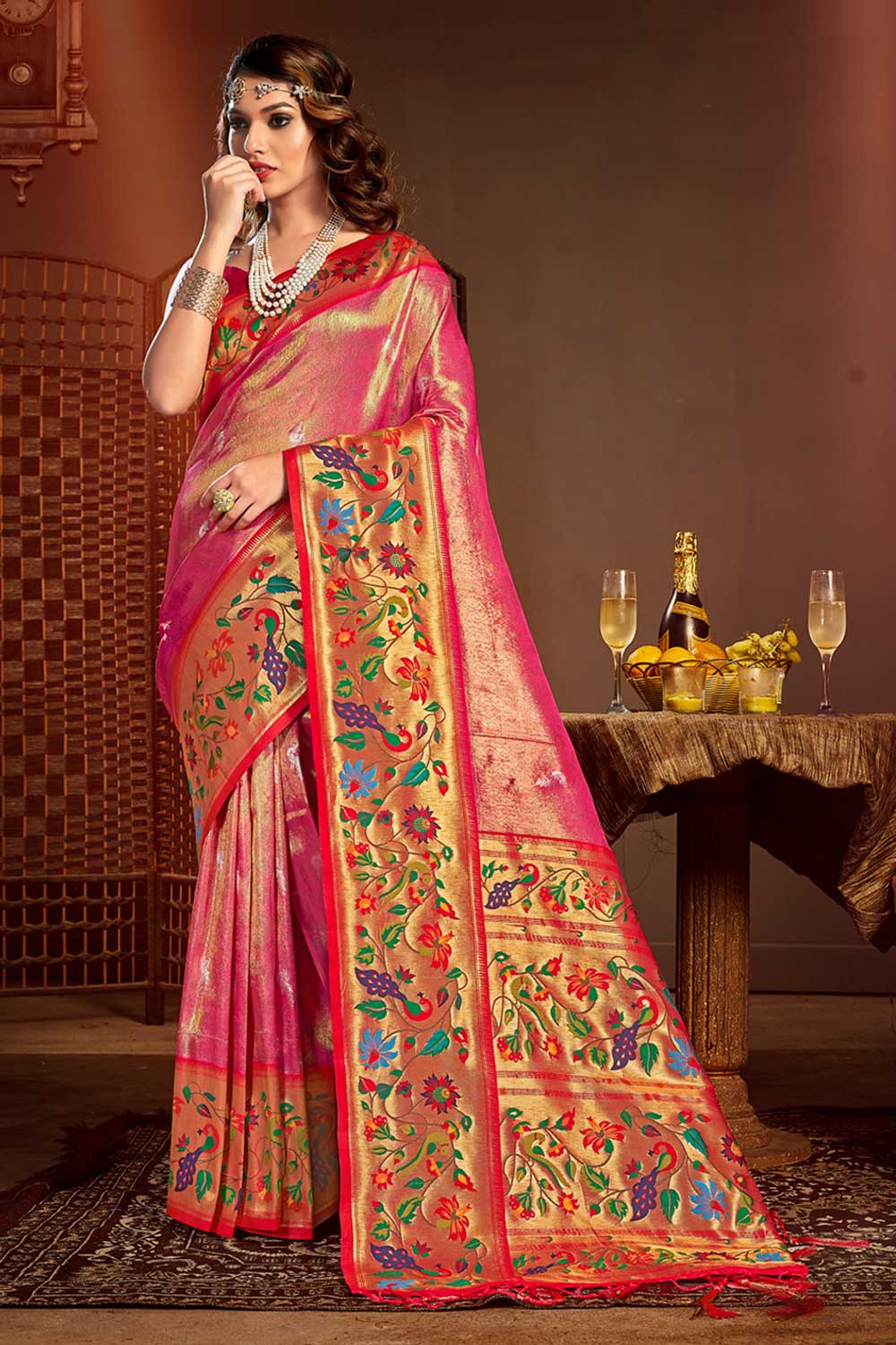 Buy Runa Pink Paithani Art Silk One Minute Saree Online - One Minute Saree