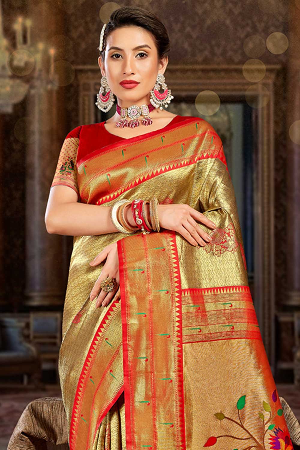 Shop Shabana Gold Paithani Art Silk One Minute Saree at best offer at our  Store - One Minute Saree