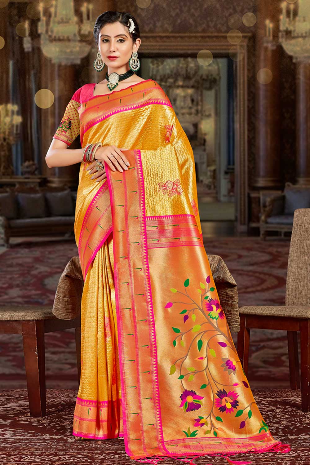 Buy Mina Yellow Paithani Art Silk One Minute Saree Online - One Minute Saree