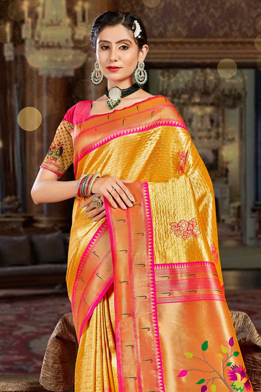 Shop Mina Yellow Paithani Art Silk One Minute Saree at best offer at our  Store - One Minute Saree