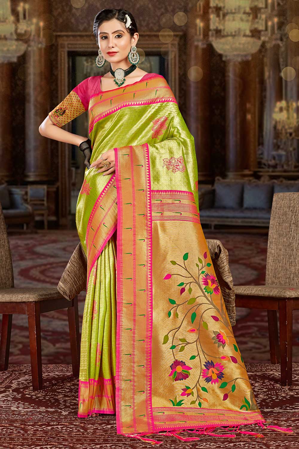 Buy Kajol Green Paithani Art Silk One Minute Saree Online - One Minute Saree