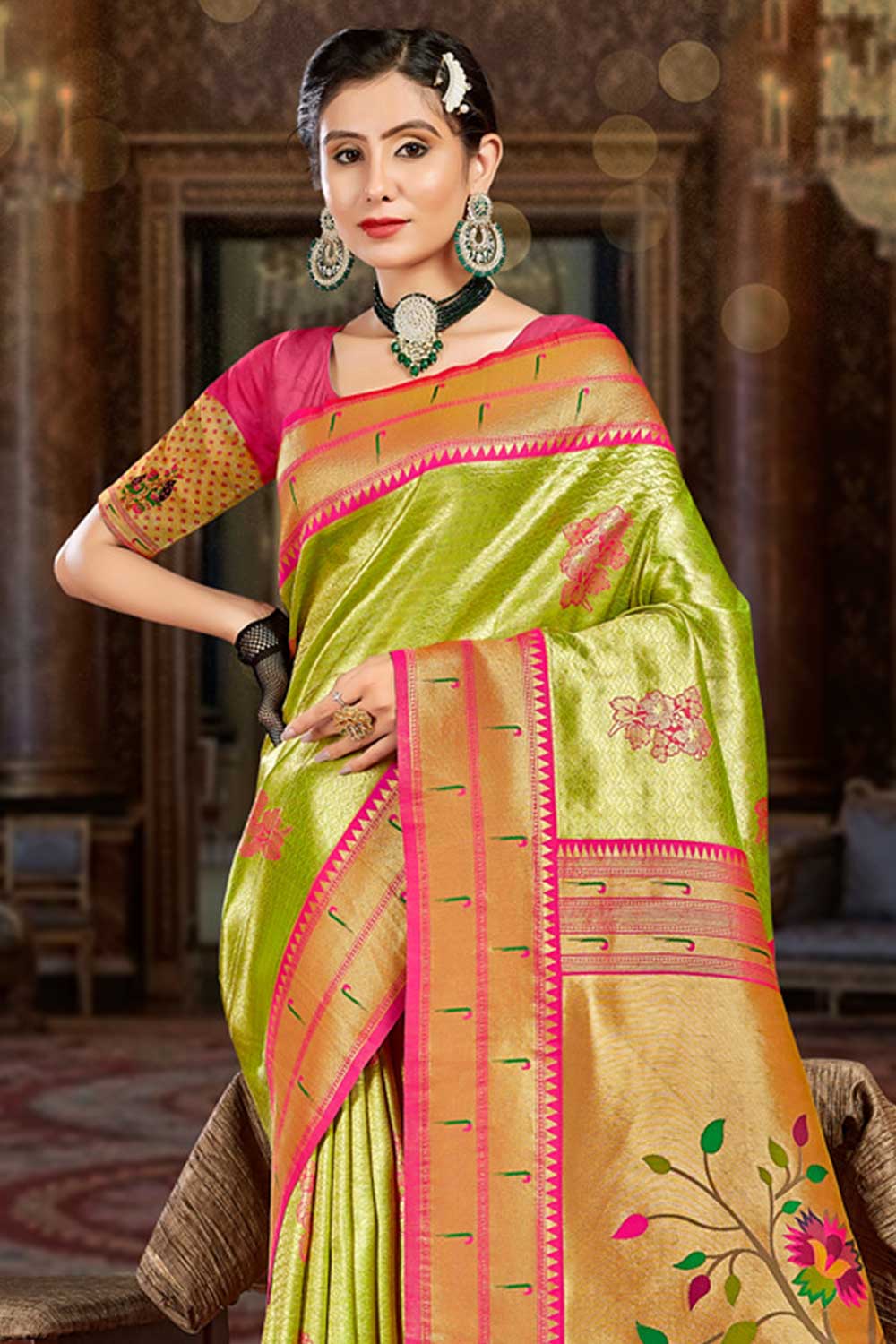 Shop Kajol Green Paithani Art Silk One Minute Saree at best offer at our  Store - One Minute Saree