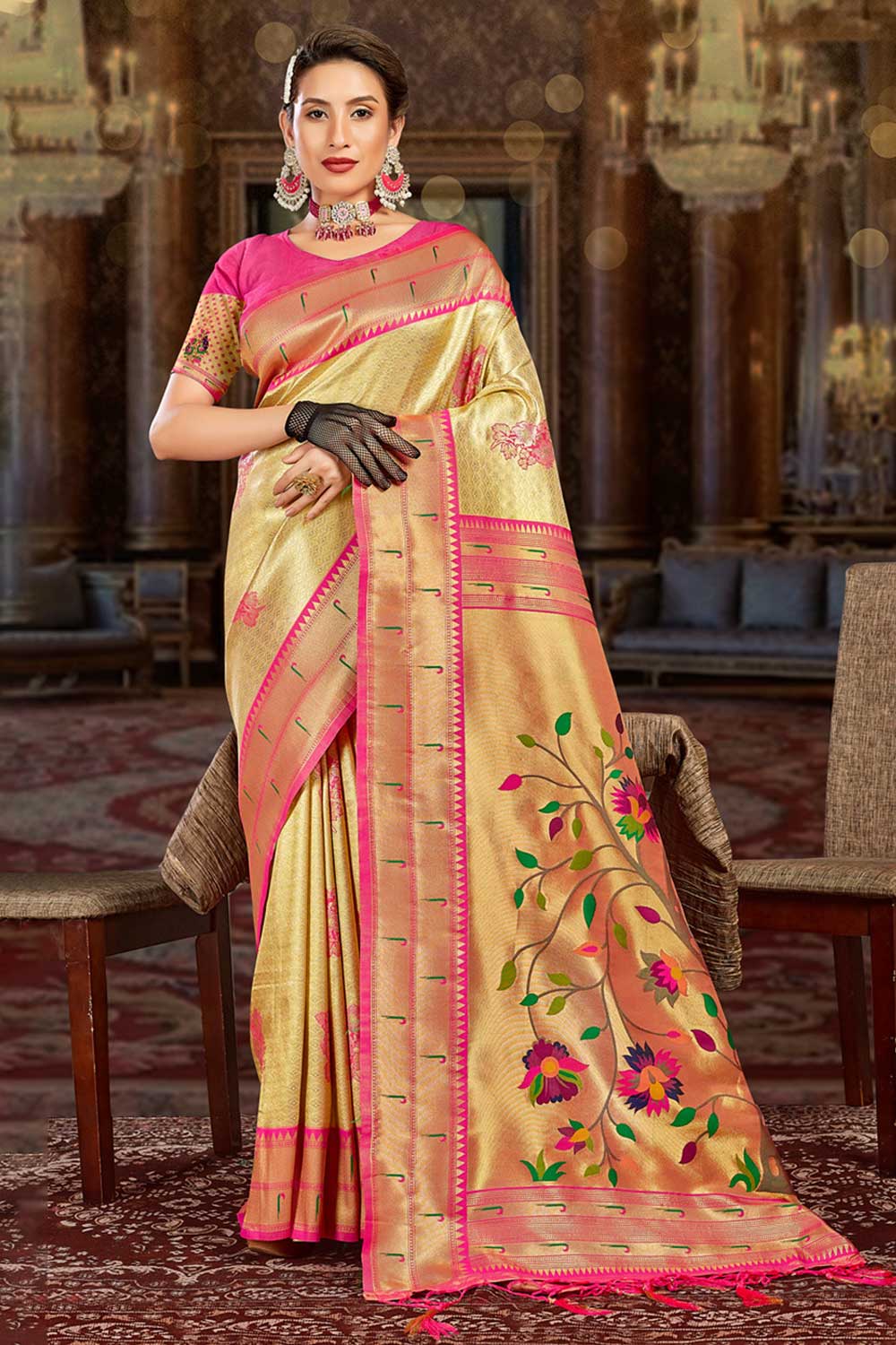 Buy Jaya Beige Paithani Art Silk One Minute Saree Online - One Minute Saree