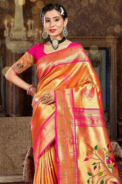 Shop Orra Orange Paithani Art Silk One Minute Saree at best offer at our  Store - One Minute Saree