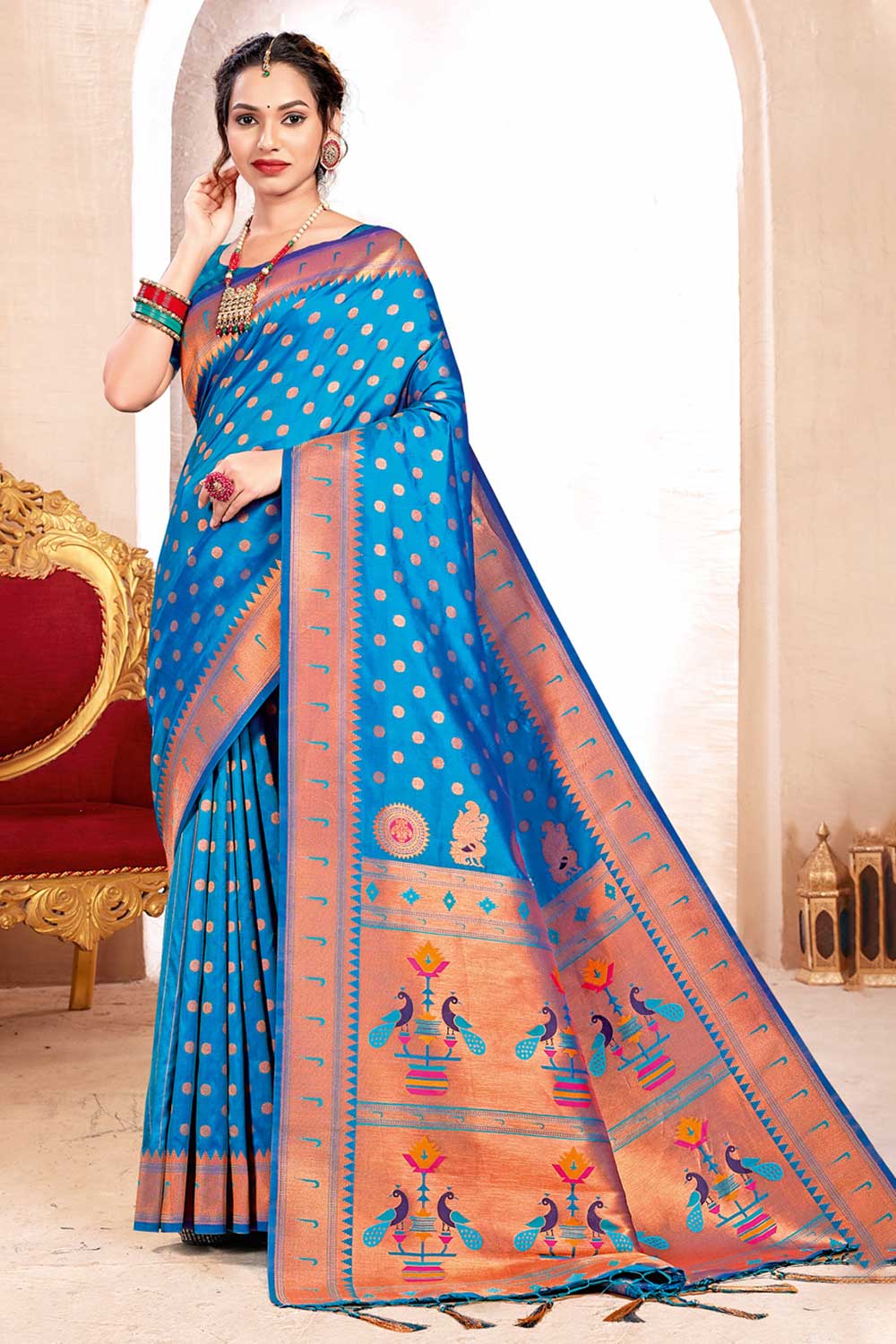 Shop Gauri Blue Paithani Art Silk One Minute Saree at best offer at our  Store - One Minute Saree