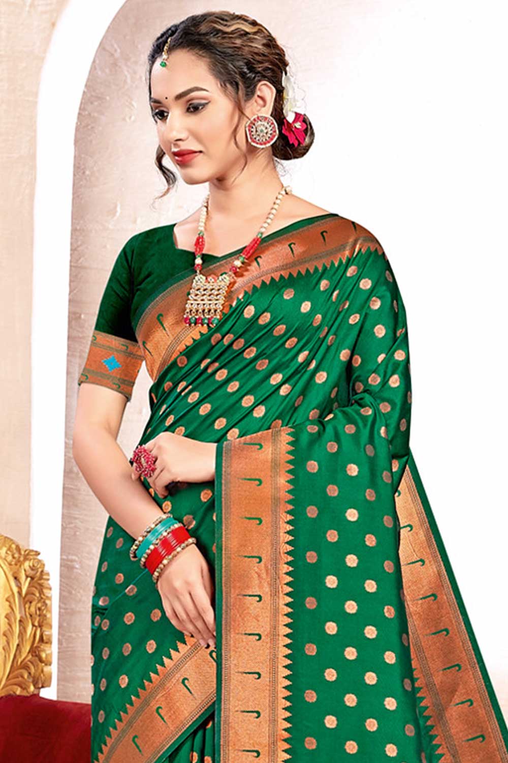 Buy Heera Green Paithani Art Silk One Minute Saree Online - One Minute Saree