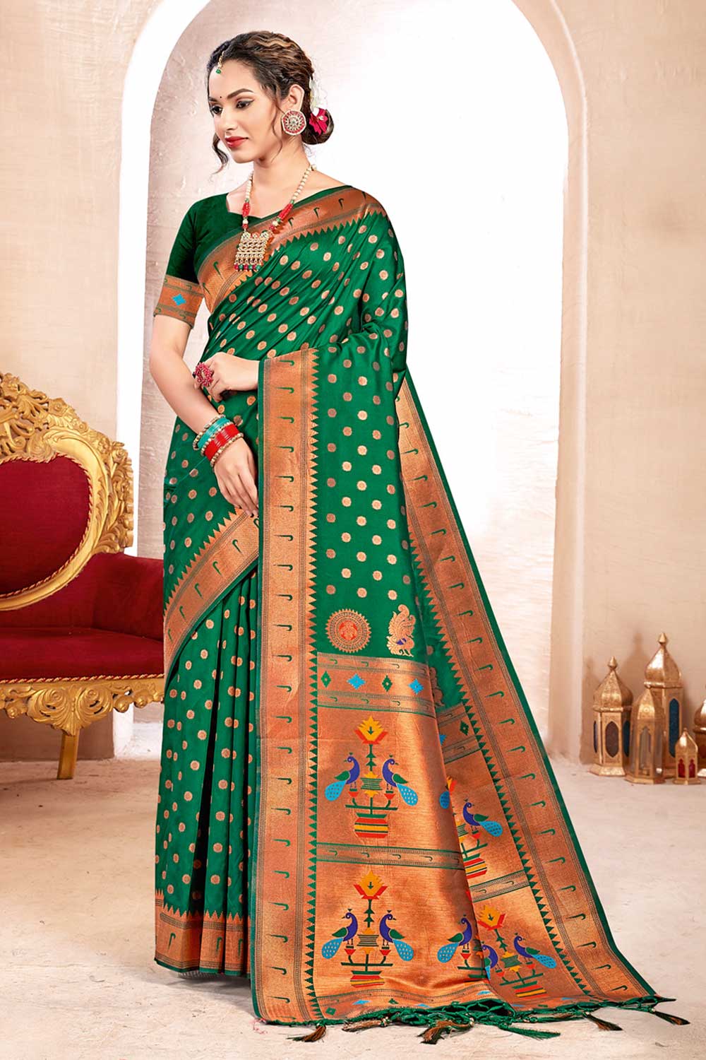 Shop Heera Green Paithani Art Silk One Minute Saree at best offer at our  Store - One Minute Saree