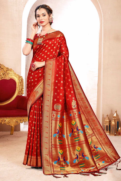Shop Rahani Red Paithani Art Silk One Minute Saree at best offer at our  Store - One Minute Saree