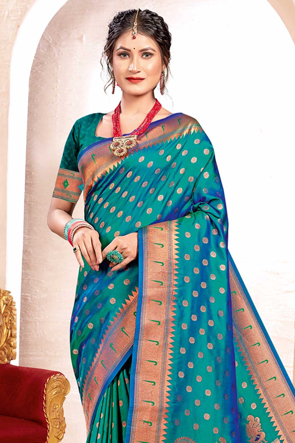 Buy Jyoti Turquoise Paithani Art Silk One Minute Saree Online - One Minute Saree