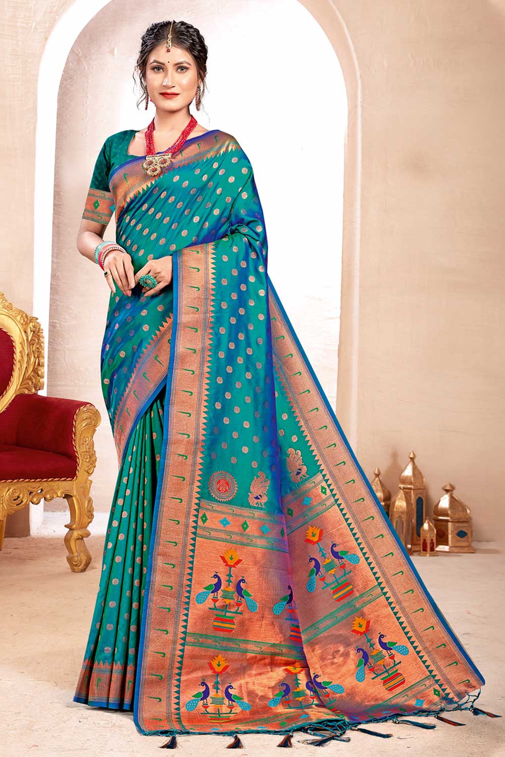 Shop Jyoti Turquoise Paithani Art Silk One Minute Saree at best offer at our  Store - One Minute Saree