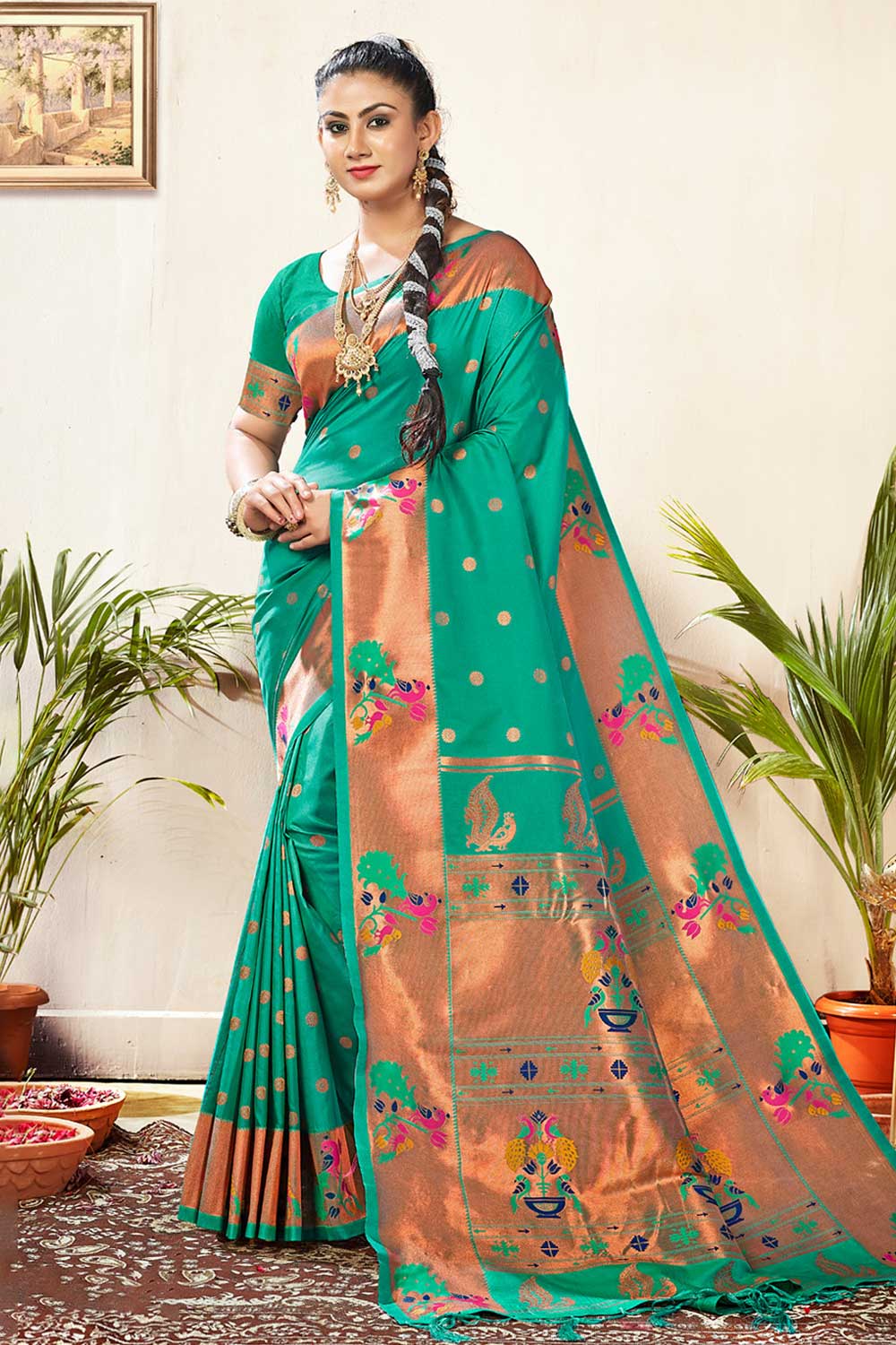 Buy Gia Green Paithani Art Silk One Minute Saree Online - One Minute Saree