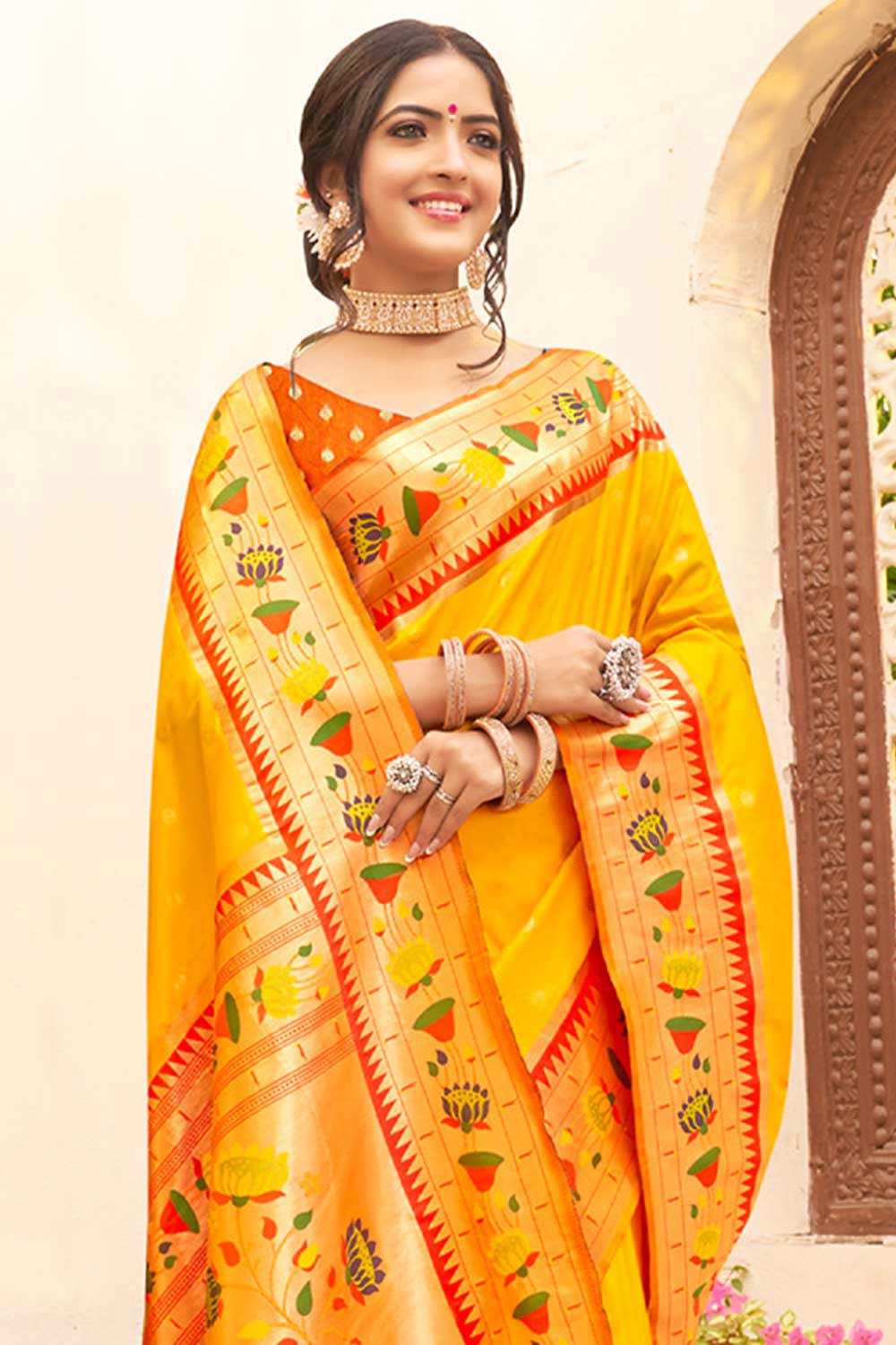 Buy Tory Yellow Paithani Art Silk One Minute Saree Online - One Minute Saree