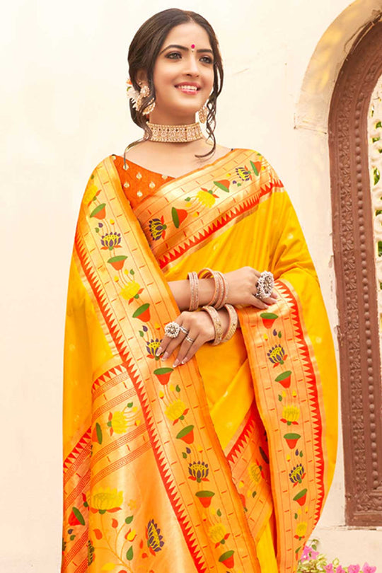 Buy Tory Yellow Paithani Art Silk One Minute Saree Online - One Minute Saree