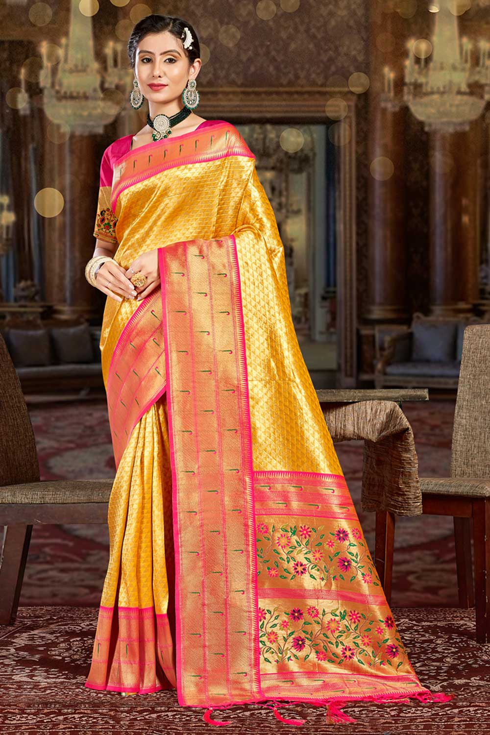 Buy Keri Yellow Paithani Art Silk One Minute Saree Online - One Minute Saree