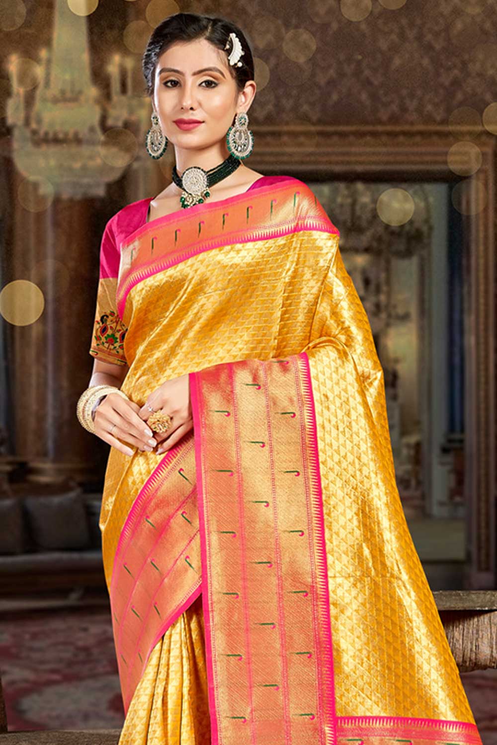 Shop Keri Yellow Paithani Art Silk One Minute Saree at best offer at our  Store - One Minute Saree