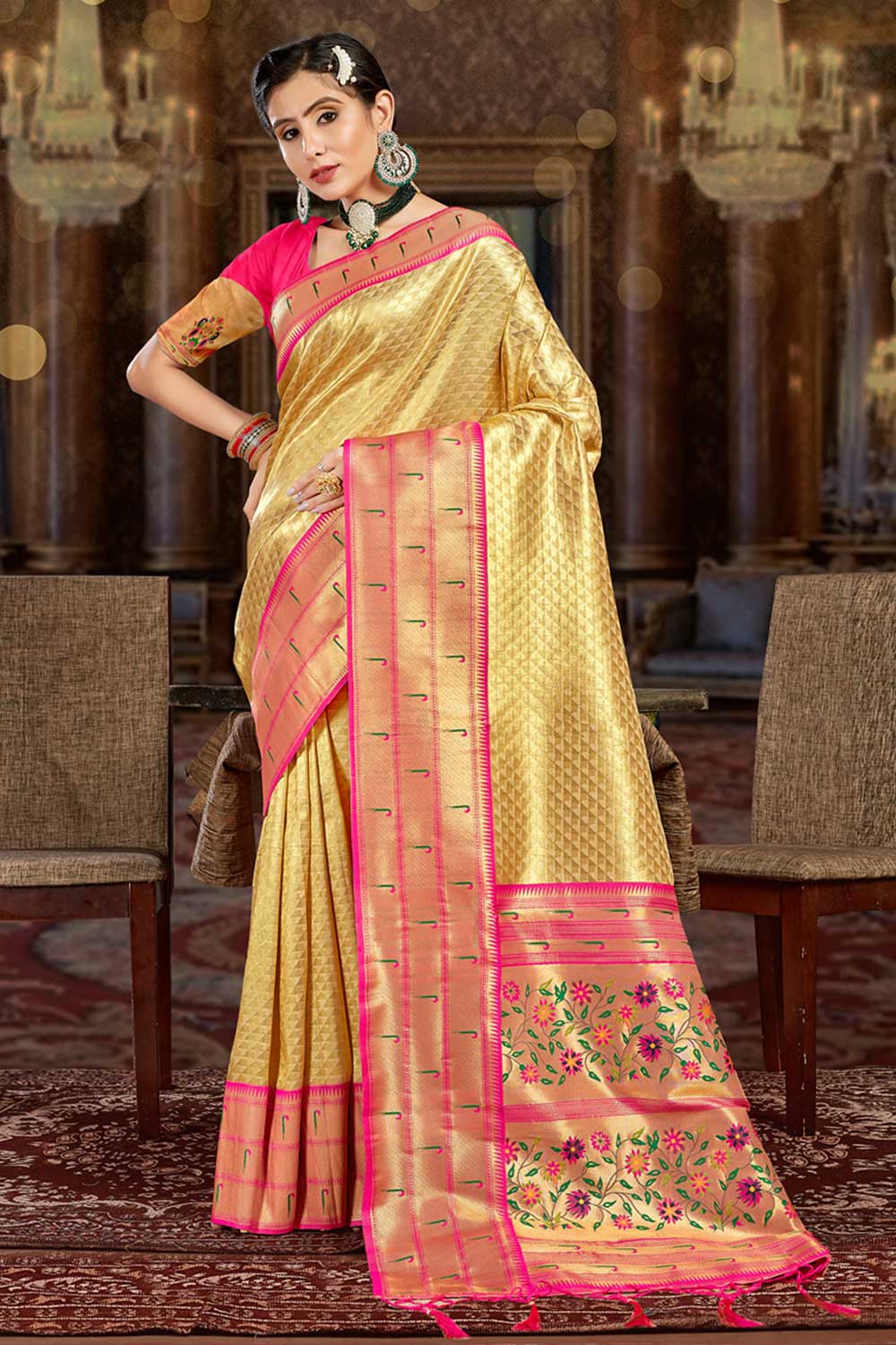 Buy Shayla Cream Paithani Art Silk One Minute Saree Online - One Minute Saree