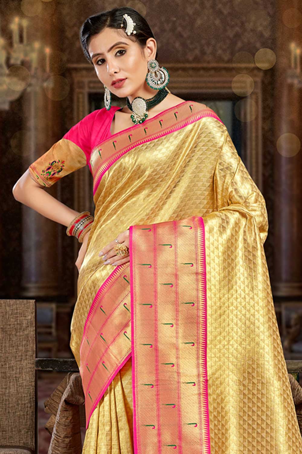 Shop Shayla Cream Paithani Art Silk One Minute Saree at best offer at our  Store - One Minute Saree